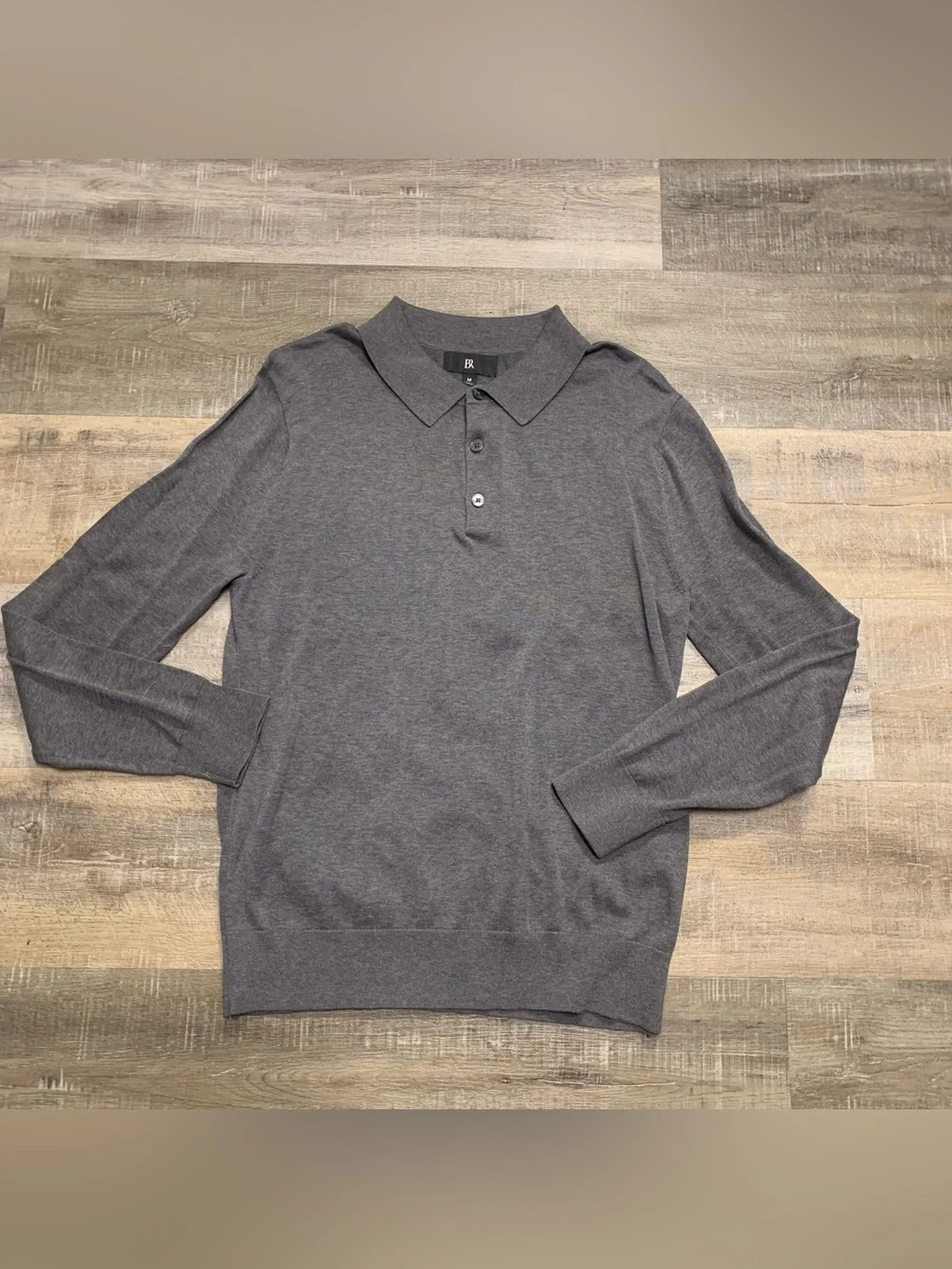 BR Banana Republic Performance Gray Thin Knit Polo Shirt Long Sleeve Golf M